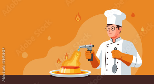Chef Preparing Creme Caramel Dessert With Culinary Torch On Orange Background