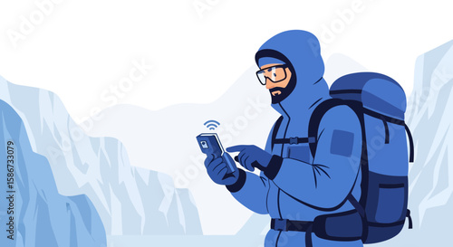 Adventurer Using Mobile Communication in an Arctic Exploration with Ice Landscape