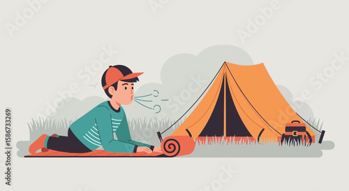 Boy Inflating Camping Mattress Near Tent During Outdoor Trip Adventure Vacation