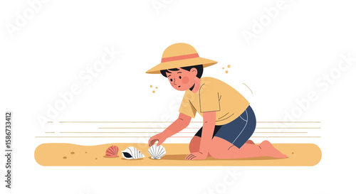 Boy Playing On The Beach With Sea Shells During Summer Vacation Leisure