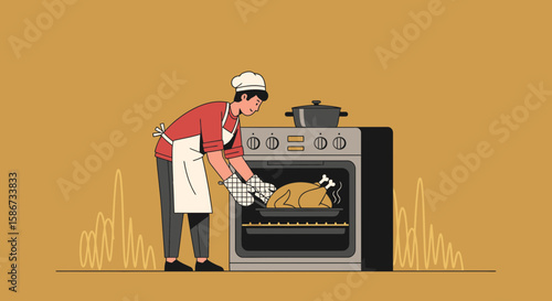 Chef Preparing Delicious Roast Turkey For Holiday Festive Dinner Celebration