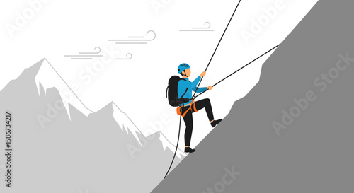 Adventurous Climber Scaling A Steep Mountain With Ropes And Safety Gear