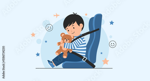 Boy Securely Fastened In Car Seat With His Favorite Teddy Bear For Safety