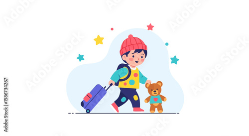 Boy With Suitcase Ready For Vacation With Teddy Bear On White Background