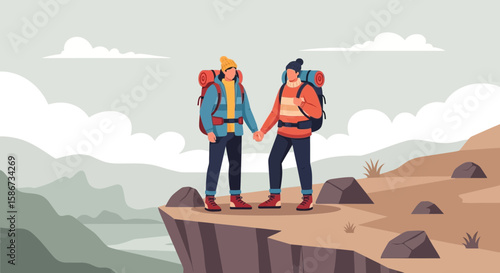 Adventurous Couple Exploring The Mountain Landscape Hiking Together In Nature