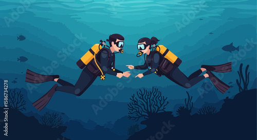 Adventurous Couple Enjoying Scuba Diving Together Exploring The Deep Sea Wonders