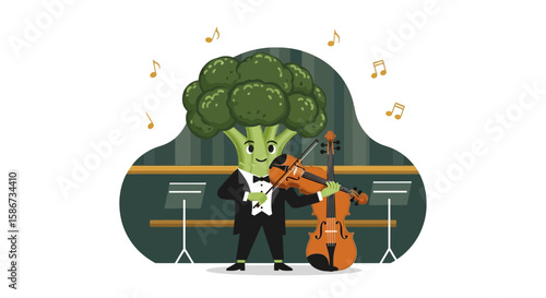 Broccoli Character In Tuxedo Performing Music With Violin And Cello Orchestra