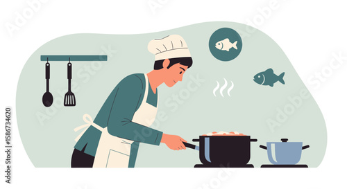 Chef Preparing Seafood Soup in Kitchen Illustration Culinary Concept