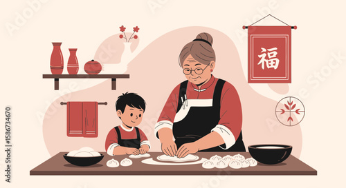 Family Togetherness Preparing Traditional Dumplings For Chinese Lunar Celebration