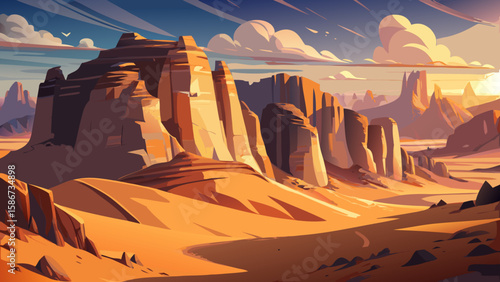 Wadi Rum Desert, Aqaba Governorate, Jordan – Sandstone cliffs tower above endless dunes. Warm sunlight creates dramatic shadows, turning the “Valley of the Moon” into a cinematic desert vector scene.