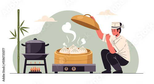 Chef Preparing Traditional Dumplings Over Stove In Asian Restaurant Kitchen