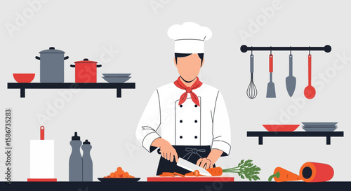 Chef Preparing Vegetables In A Restaurant Kitchen For Meal Service Concept