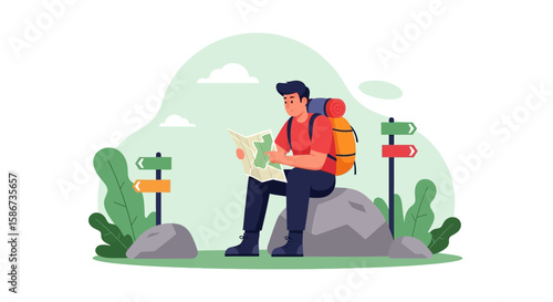 Adventurous Hiker Deciphering Route On Map During A Journey Through Scenic Wilderness