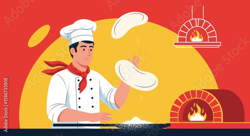 Chef Tossing Dough Preparing Pizza In Traditional Oven Background Illustration