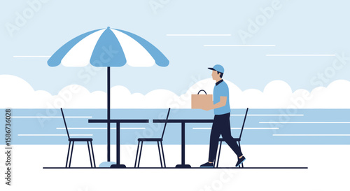 Delivering Happiness With Coastal Scenery Restaurant Meal And Beachside Courier