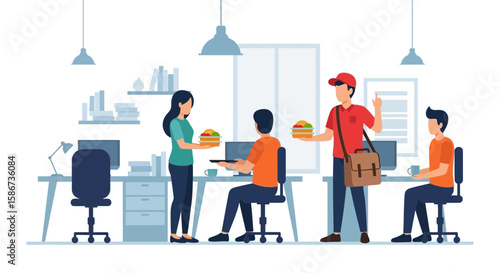 Fast Food Delivery In The Office Makes Colleagues Happy During Their Workday