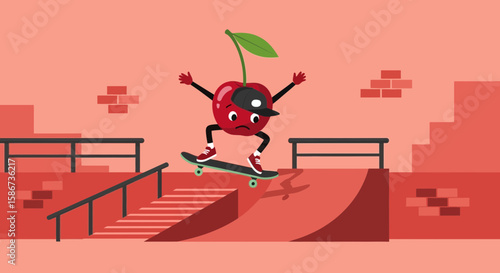 Cherry Character Doing A Skateboard Trick At The Skatepark Illustration