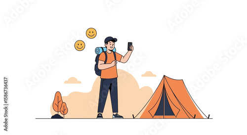 Adventurous Hiker Sharing His Camping Journey With Social Media On Smartphone