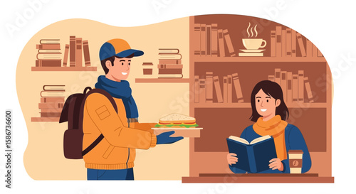 Delivery Man Bringing Sandwich And Coffee To Woman Reading In Library