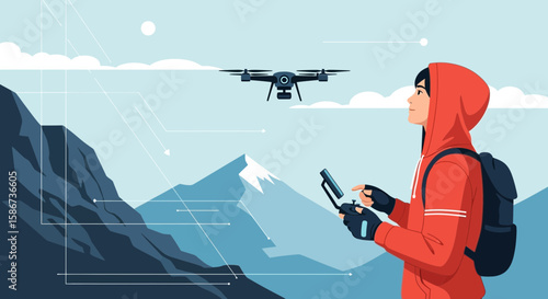 Adventurous Man Piloting Drone Above Majestic Mountains Enjoying Outdoor Activity