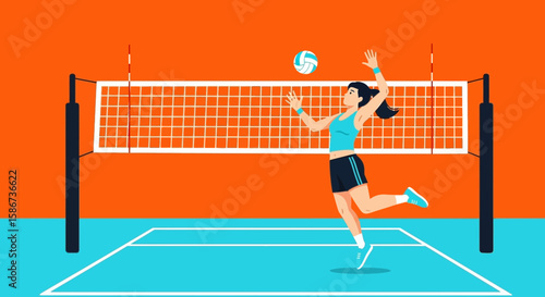 Female Athlete Spiking the Volleyball in a Sports Competition Minimalist Design