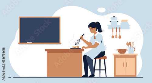 Female Baker In A Kitchen Wearing Apron Prepares Dough Mixing Bowl Illustration