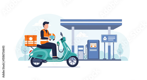 Delivery Man Refueling Scooter At Gas Station For Efficient Transportation Service
