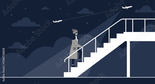 Climbing Towards Adventure Awaits As Passengers Board Airplane Under Starry Night Sky