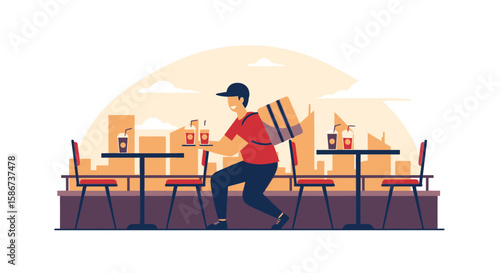 Delivery Service in the City Delivering Drinks with Restaurant Table Scenery