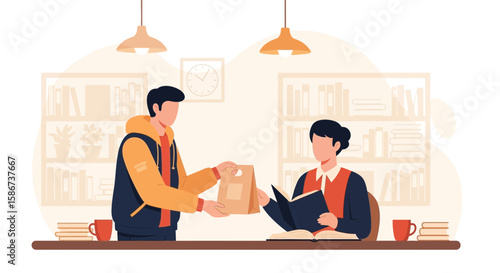 Delivery Service In The Library With Two People Giving A Package Or Document