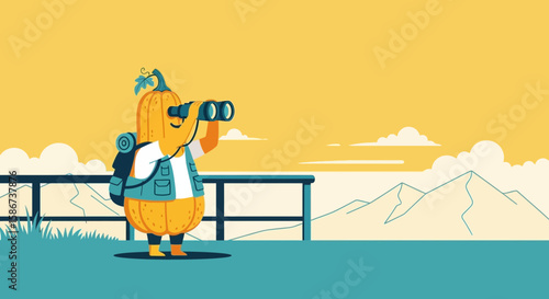 Adventurous Pumpkin Explorer Enjoying Mountain Views With Binoculars At Vacation Time