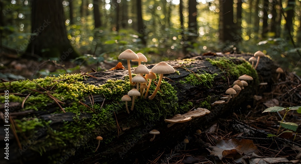Obraz premium Tiny mushrooms sprout on a rotting fallen wood in the forest, captured in natural daylight, showcasing details of growth, decay, texture, and forest floor ecosystem realism.