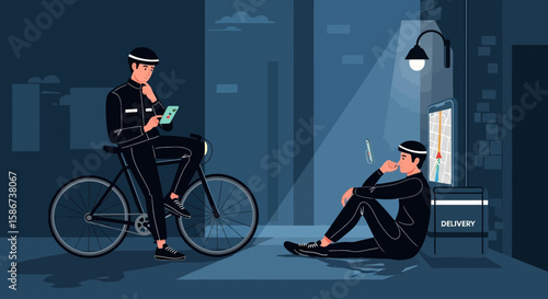 Delivery Service Workers Taking a Break in The City at Night Illustration