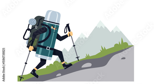 Determined Thermos Character Ascends A Mountain Trail With Backpacking Gear