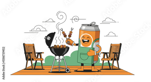 Cartoon Beer Can Character Enjoying Backyard Barbecue With Skewers Illustration
