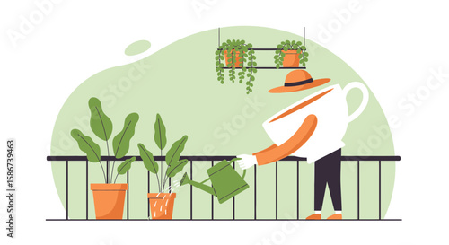 Coffee Person Taking Care Of Plants On The Balcony Illustration