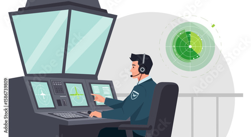 Air Traffic Controller Monitoring Radar Screens In Control Tower Illustration