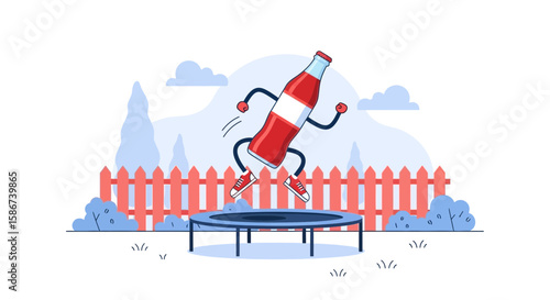 Cartoon Beverage Bouncing On Trampoline Backyard Fun Actively Engaged Summer