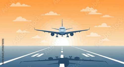Commercial Airplane Preparing For Landing Strip At Sunrise Vector Illustration
