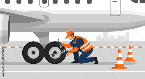 Aircraft Maintenance Crewman Repairing Plane Tire On the Airport Runway Professionally