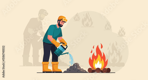 Firefighter Extinguishing Blaze With Water Can In An Abstract Environment Scene