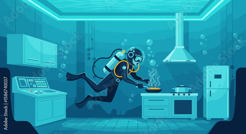Diver Prepares A Meal Underwater With Specialized Equipment In A Submerged Kitchen