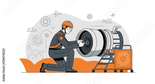 Aircraft Maintenance Technician Inspecting A Jet Engine With Repair Equipment