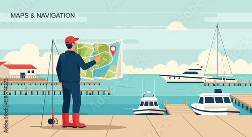 Fisherman Planning Boating Trip With Map And Fishing Rod On Pier Holiday Concept