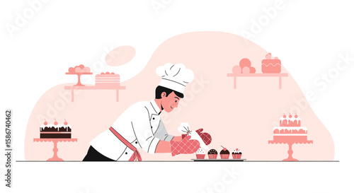 Confectioner Decorating Delicious Cupcakes In A Pastry Shop With Various Cakes