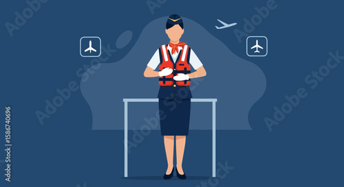 Flight Attendant Demonstrating Safety Procedures With Life Vest And Illustration Airplane