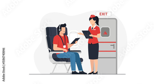 Flight Attendant Explaining Safety To Passenger On Plane Before Departure