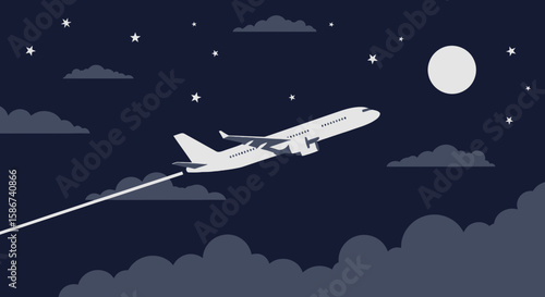 Airplane Flying In Night Sky With Stars And Moon Minimal Illustration