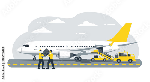 Airplane Cargo Operations with Ground Personnel and Loading Vehicle Illustration