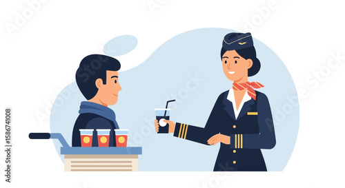 Flight Attendant Serving A Passenger With Drinks On Airplane Minimalist Art